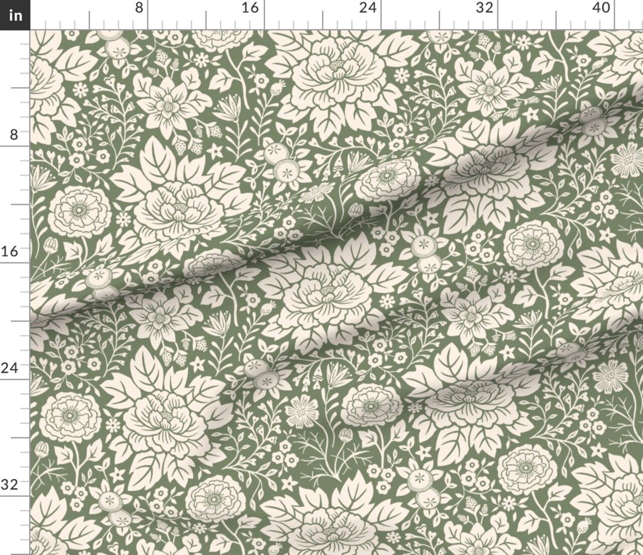Sage Green Floral Hand Drawn Traditional Classic Serene Green And Cream Block Print Custom Printed Fabric by Spoonflower Various Fabrics by the Yard or Fat Quarter